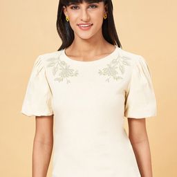 Honey by Pantaloons Ethnic Motifs Embroidered Round Neck Puff Sleeve Cotton Top-image-35