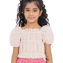 The Tribe Kids Girls Striped Puff Sleeves Cotton Top-image-36