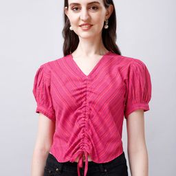 Kinjo Pink Striped Puff Sleeve Cotton Top-image-29