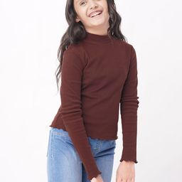 edheads Brown Solid High Neck Long Sleeve Cotton Top-image-62