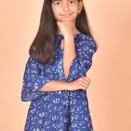 misbis Printed Tie-Up Neck Bell Sleeve Flared hem Cotton Peplum Top-image-95