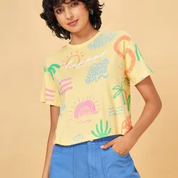 People Yellow Printed Round Neck Short Sleeves Cotton Regular Top-picture-14