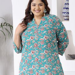 Little More By Stylum Plus Size Floral Printed Mandarin Collar Pure Cotton A-Line Top-29