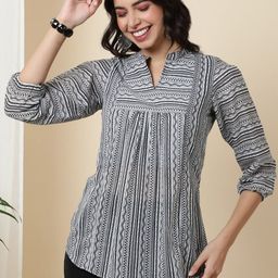 AADAT Geometric Printed Mandarin Collar Cotton Regular Top-image-84