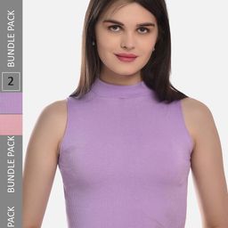 StyFun Pack Of 2 Ribbed High Neck Fitted Cotton Crop Top-image-12