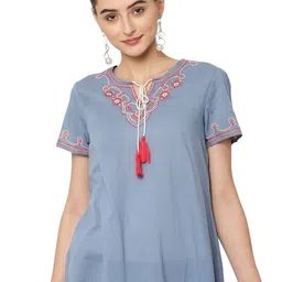 SAVI Embroidered Tie-Up Neck Cotton Top-image-24