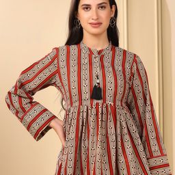 Adveta Ethnic Motifs Printed Mandarin Collar Pleated Cotton A-Line Top-image-72