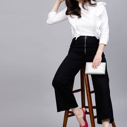 STREET 9 White Self Design Ruffled Crop Pure Cotton Top-image-53