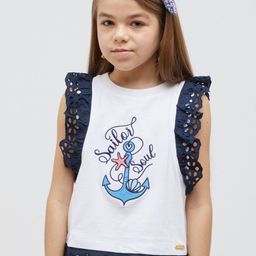 One Friday Girls Graphic Printed Flutter Sleeves Cotton Top-image-91