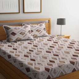 KLOTTHE Brown & White Geometric-Printed 400 TC Pure-Cotton Double King Bedsheet Set-32