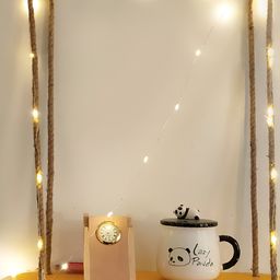 VAH Kya Bat Hai !! Yellow Wooden Wall Hanging Shelf With Jute Rope & LED Lights-21