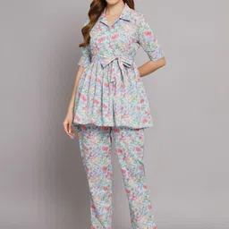 Vastralay Printed Pure Cotton Shirt Collar Neck Top & Flared Trouser & Belt Ethnic Co-Ords-picture-9