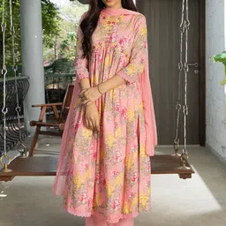 Sangria Floral Printed Thread Work Pure Cotton A-Line Kurta With Trouser & Dupatta-22