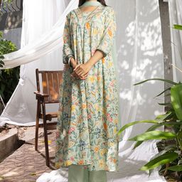 Sangria Floral Printed Empire Thread Work Pure Cotton Kurta With Trouser & Dupatta-image-34