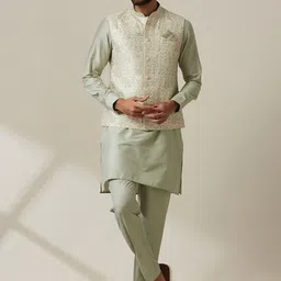 Twamev Mandarin Collar Art Silk Straight Kurta With Trousers & Nehru Jacket-image-34