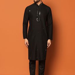 KISAH Mandarin Collar Geometric Embroidered Mirror Work Regular Kurta with Trousers-picture-37