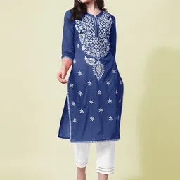 KALINI Ethnic Motifs Embroidered Round Neck Three-Quarter Sleeves Pure Cotton Kurta Set-picture-0