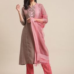 KSUT Floral Yoke Design Thread Work Round Neck  Kurta with Trousers & Dupatta-image-78