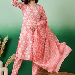Sangria Floral Printed Pure Cotton Straight Kurta With Trouser & Dupatta Set-13