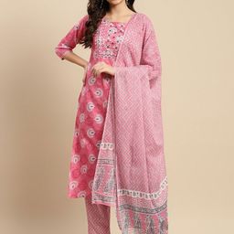 Sangria Pink Ethnic Motifs Printed Mirror Work Pure Cotton Kurta With Trouser & Dupatta-17
