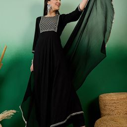 Vastramyaa Ethnic Motifs Yoke Design Thread Work Anarkali Kurta with Trousers & Dupatta-image-93