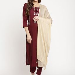 Sringam Women Maroon Floral Embroidered Panelled Kurti with Trousers & With Dupatta-image-32
