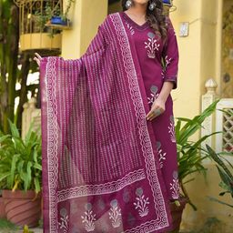 KALINI Floral Printed Regular Thread Work Straight Kurta With Trousers & Dupatta-8