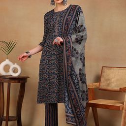 KALINI Floral Printed Thread Work Straight Kurta With Trousers & Dupatta-picture-4
