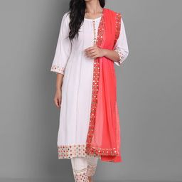 Ziva Fashion Women White Ethnic Motifs Panelled Kurta with Trousers & With Dupatta-image-101