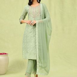 VredeVogel Ethnic Motifs Printed Thread Work Straight Kurta With Trousers & Dupatta-20