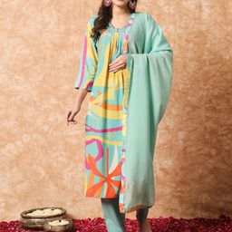 KALINI Abstract Printed Thread Work Empire Kurta With Trousers & Dupatta-image-26