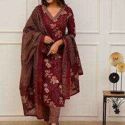 KALINI Floral Printed V-Neck Pure Cotton Straight Kurta With Trousers & Dupatta-image-98