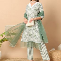 FIORRA Women Floral Printed Regular Pure Cotton Kurta with Trousers & With Dupatta-17