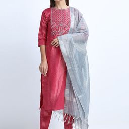 Vishudh Women Pink Embroidered Straight Pure Cotton Kurta with Trousers & With Dupatta-picture-22