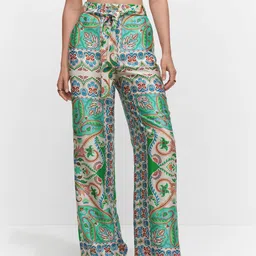 MANGO Women Ethnic Motifs Printed Mid-Rise Wide-Leg Satin Trousers with Tie-Up Detail-image-51
