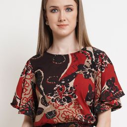 Popwings Abstract Printed Flutter Sleeve Smocked Blouson Crop Top-image-66