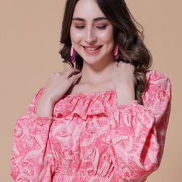 God Bless Floral Printed Puff Sleeve Ruffled Blouson Crop Top-image-79