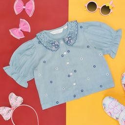 AKKRITI BY PANTALOONS Girls Floral Printed Peter Pan Collar Puff Sleeve Cotton Regular Top-image-46