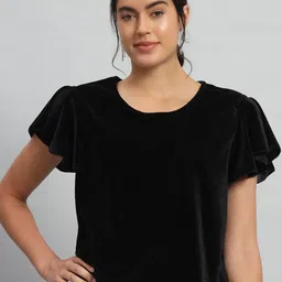 VAARARO Round Neck Flutter Sleeves Velvet Blouson Top-image-83