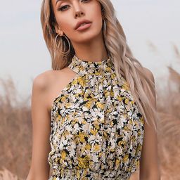 StyleCast Floral Printed Halter Neck Smocking Blouson Crop Top-62