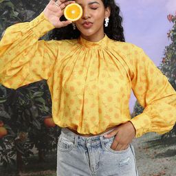 Tokyo Talkies Yellow Floral Printed High Neck Bishop Sleeves Blouson Crop Top-image-27