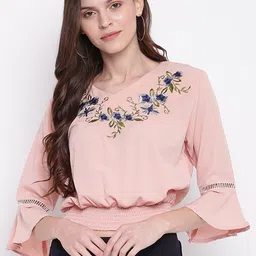 Mayra Pink & Navy Blue Floral Embroidered Blouson Top-image-11