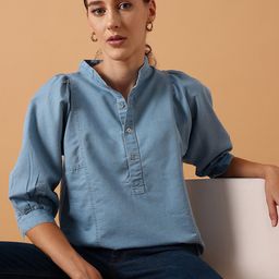 STREET 9 Band Collar Puff Sleeve Cotton Denim Blouson Top-picture-45