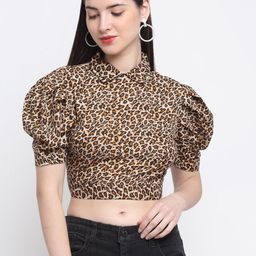 emeros Women Brown Animal Print Peter Pan Collar Crepe Blouson Crop Top-picture-49