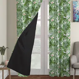 HOUZZCODE Green & White Set of 2 Floral Black Out Window Curtain-52