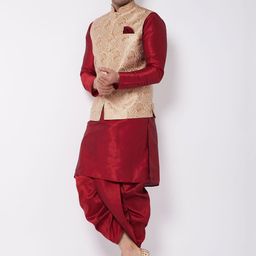 VASTRAMAY Men Mandarin Collar Kurta With Dhoti Pants & Nehru Jacket-picture-52