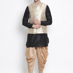 VASTRAMAY Straight Kurta With Dhoti Pants & Woven Designed Nehru Jacket-image-9