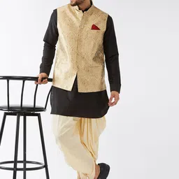 VASTRAMAY Mandarin Collar Regular Kurta With Dhoti Pants & Nehru Jacket-image-21