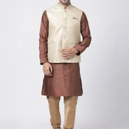 VASTRAMAY Floral Woven Design Mandarin Collar Regular Kurta With Churidar & Nehru Jacket-picture-3