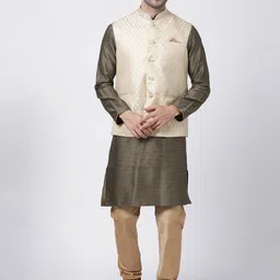 VASTRAMAY Mandarin Collar Woven Design Kurta with Churidar & Woven Design Nehru Jacket-image-45